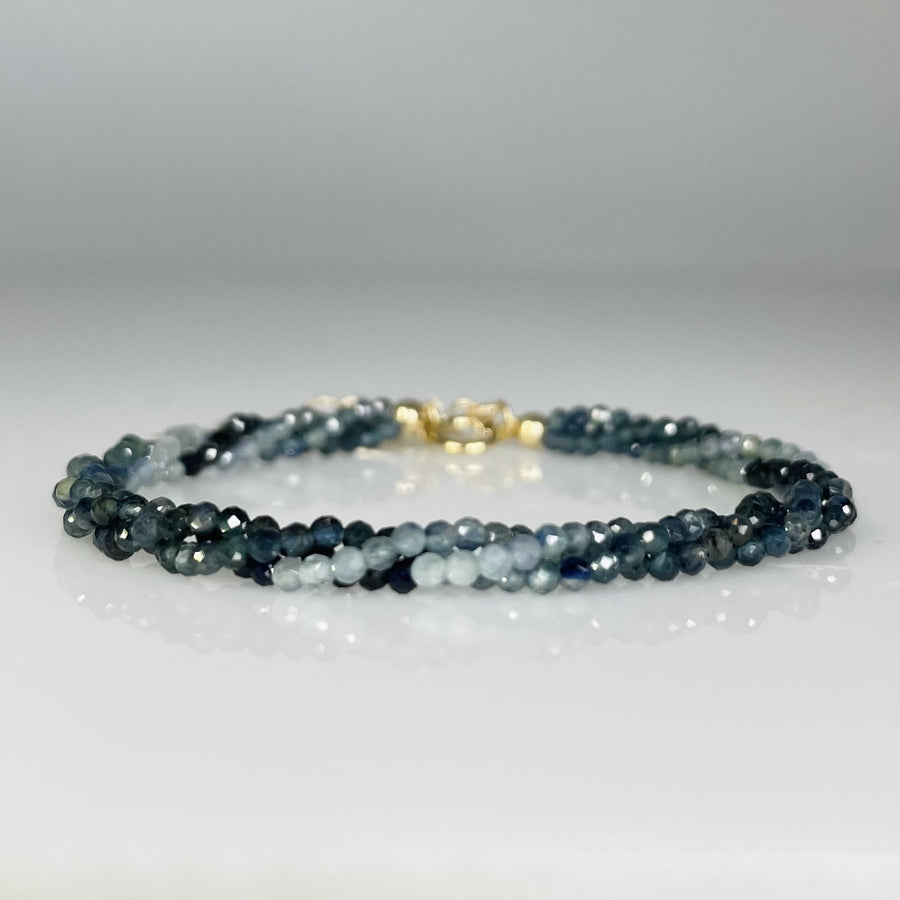 14K Yellow Gold Blue Sapphire Three Strand Beaded Bracelet