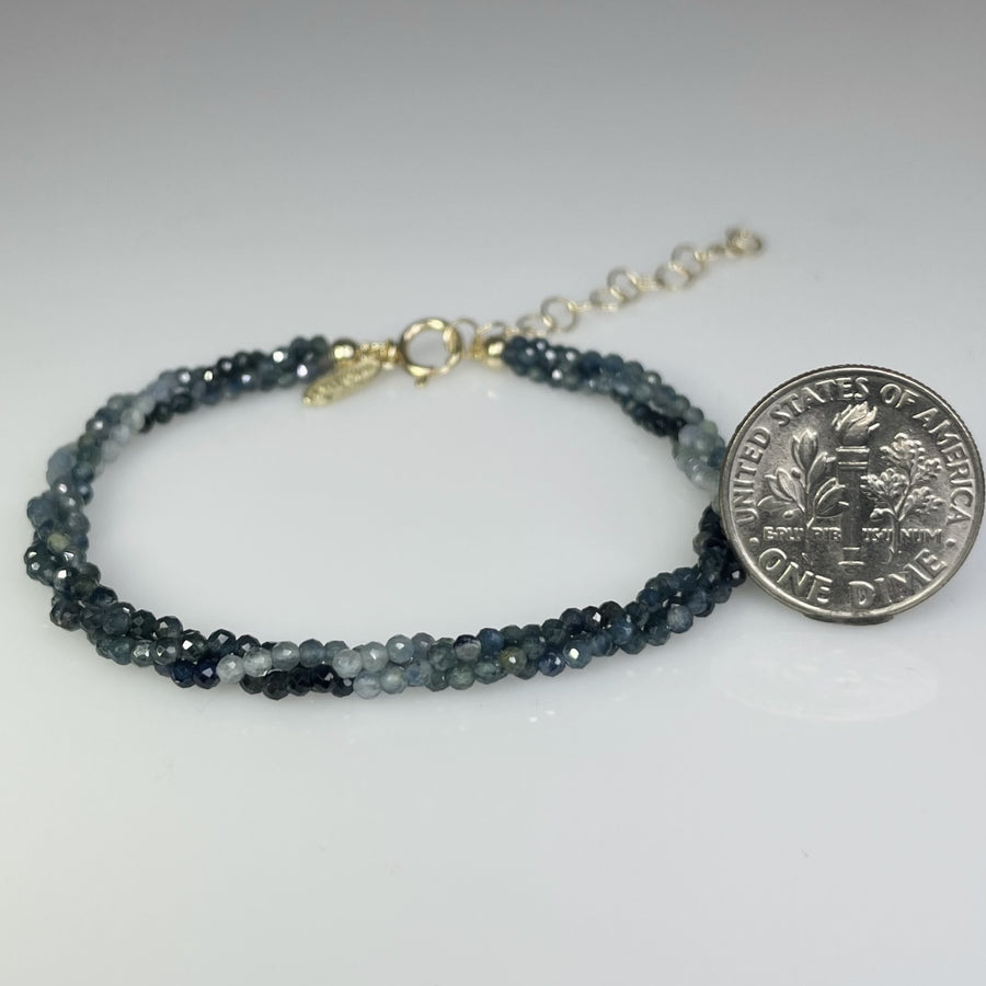 14K Yellow Gold Blue Sapphire Three Strand Beaded Bracelet