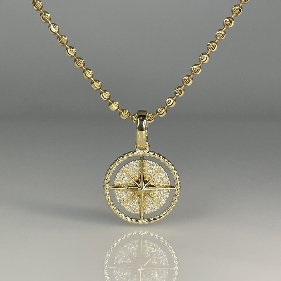 14K Yellow Gold Diamond Mini Compass Necklace 0.12ct