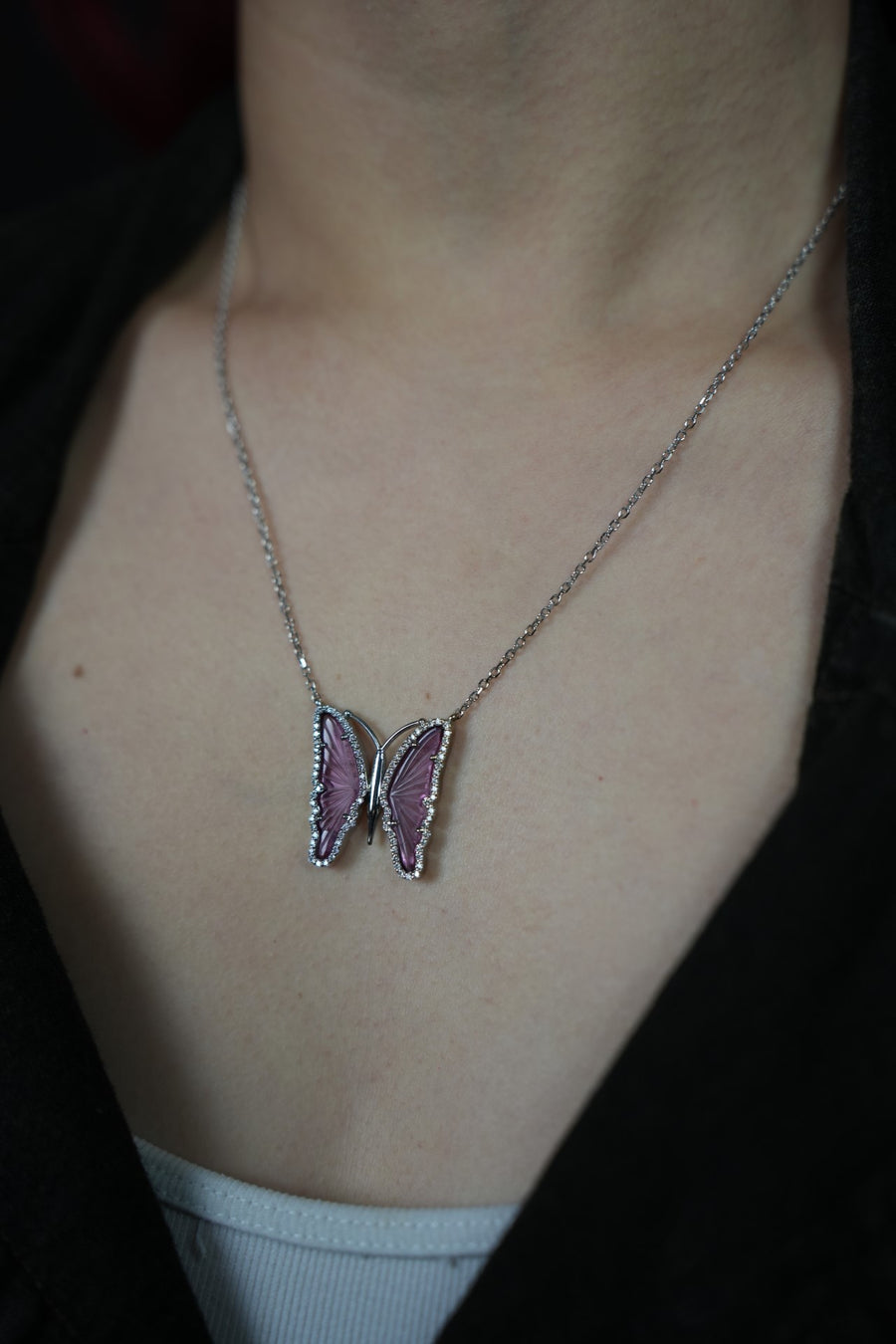 14K White Gold Diamond Pink Tourmaline Butterfly Necklace 3.0ct