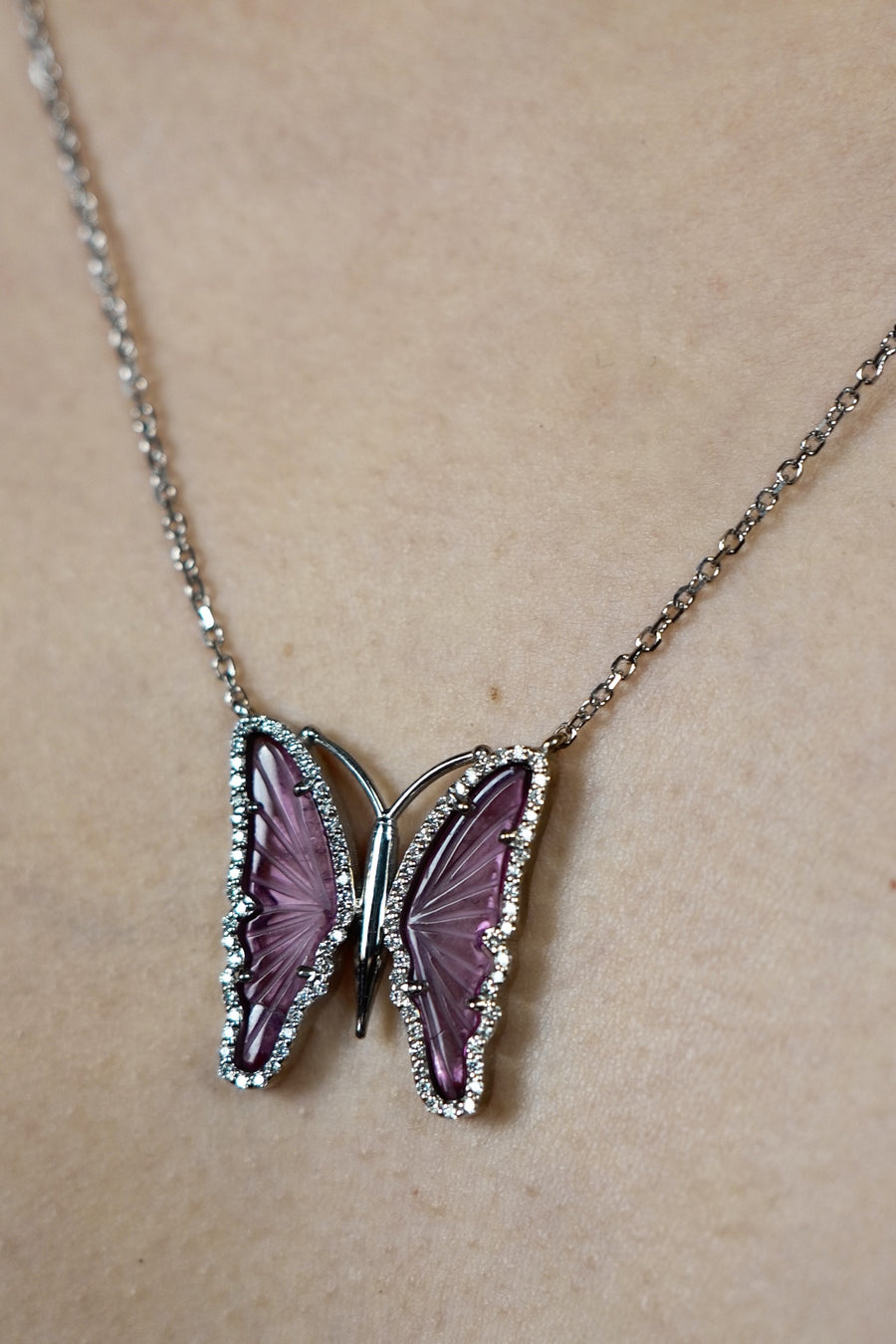14K White Gold Diamond Pink Tourmaline Butterfly Necklace 3.0ct