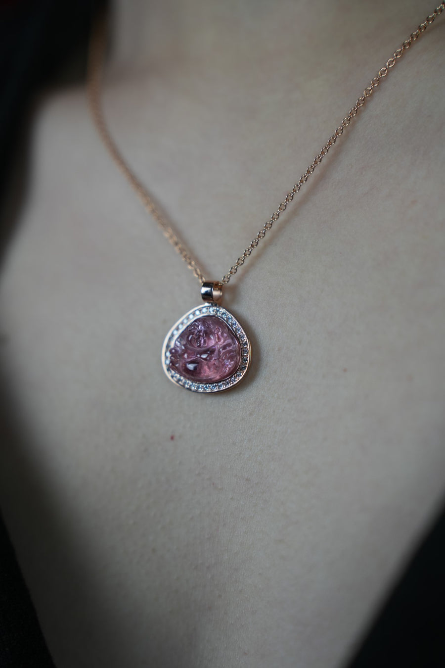 14K Rose Gold Diamond and Pink Tourmaline Buddha Necklace 9.26ct
