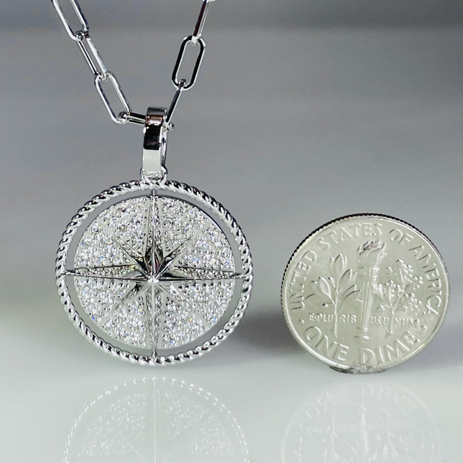 14K White Gold Diamond Compass Necklace 0.48ct