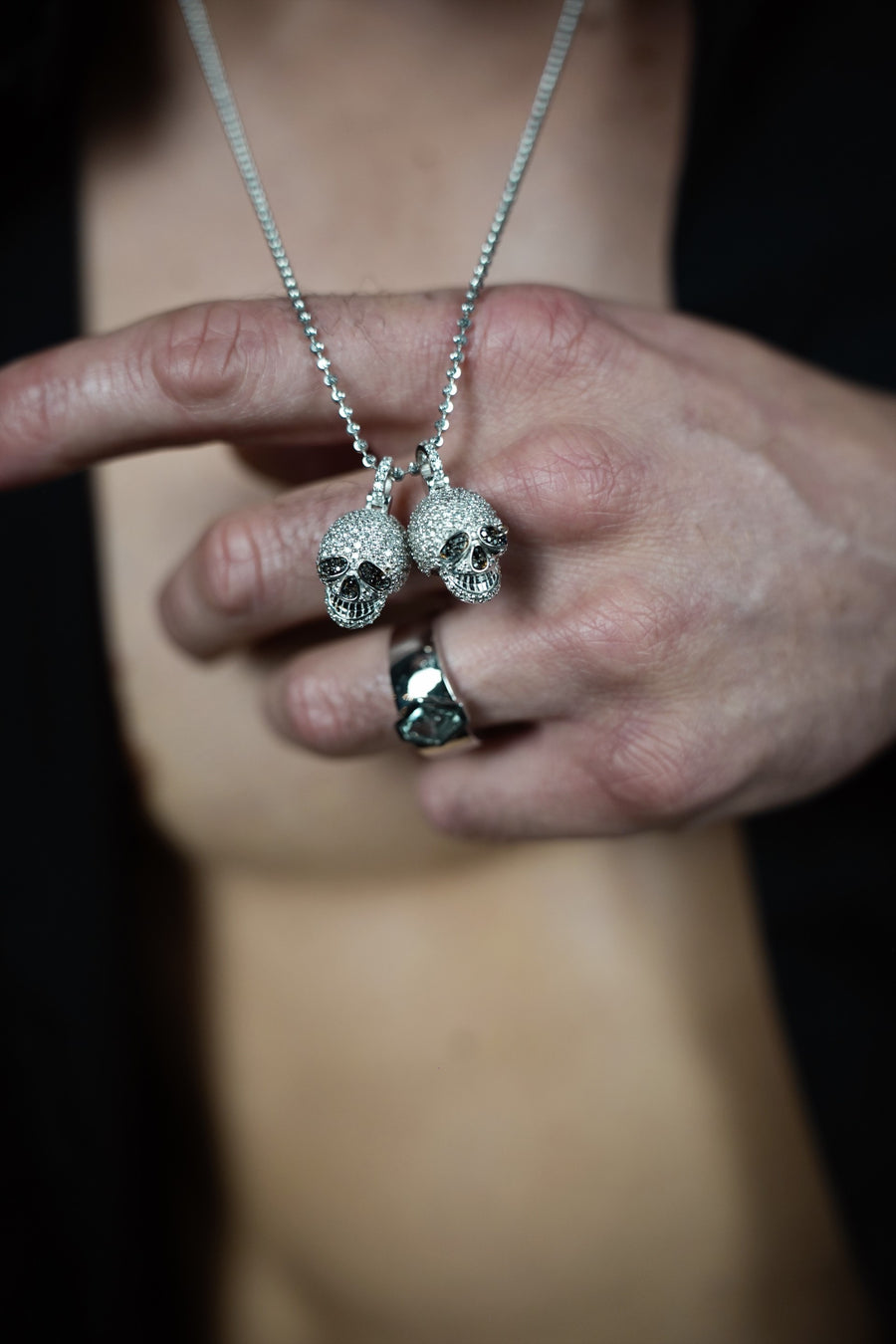 14K White Gold Evil Twins Black and White Diamond Skull Necklace