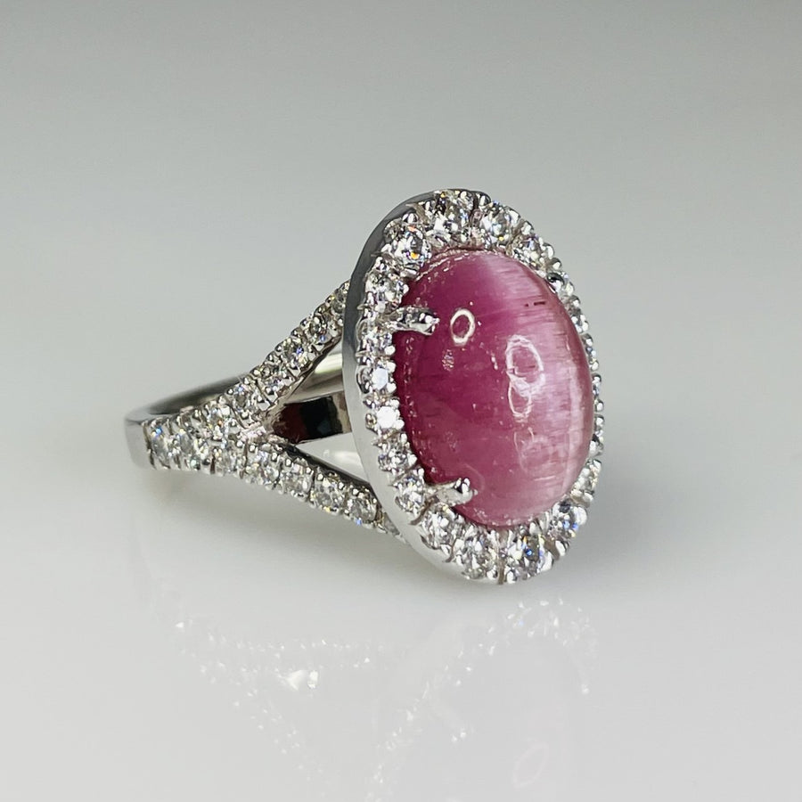 14K White Gold Cat's Eye Pink Tourmaline and Diamond Ring 6.0/1.01ct