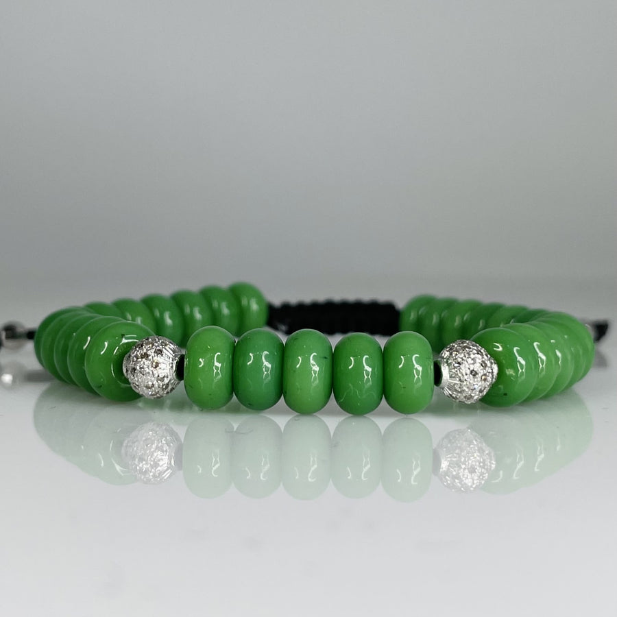 14K White Gold Diamond Green Glass Beaded Bracelet