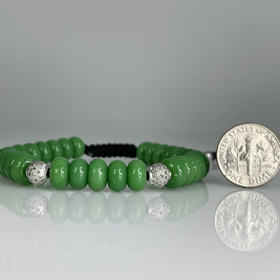 14K White Gold Diamond Green Glass Beaded Bracelet