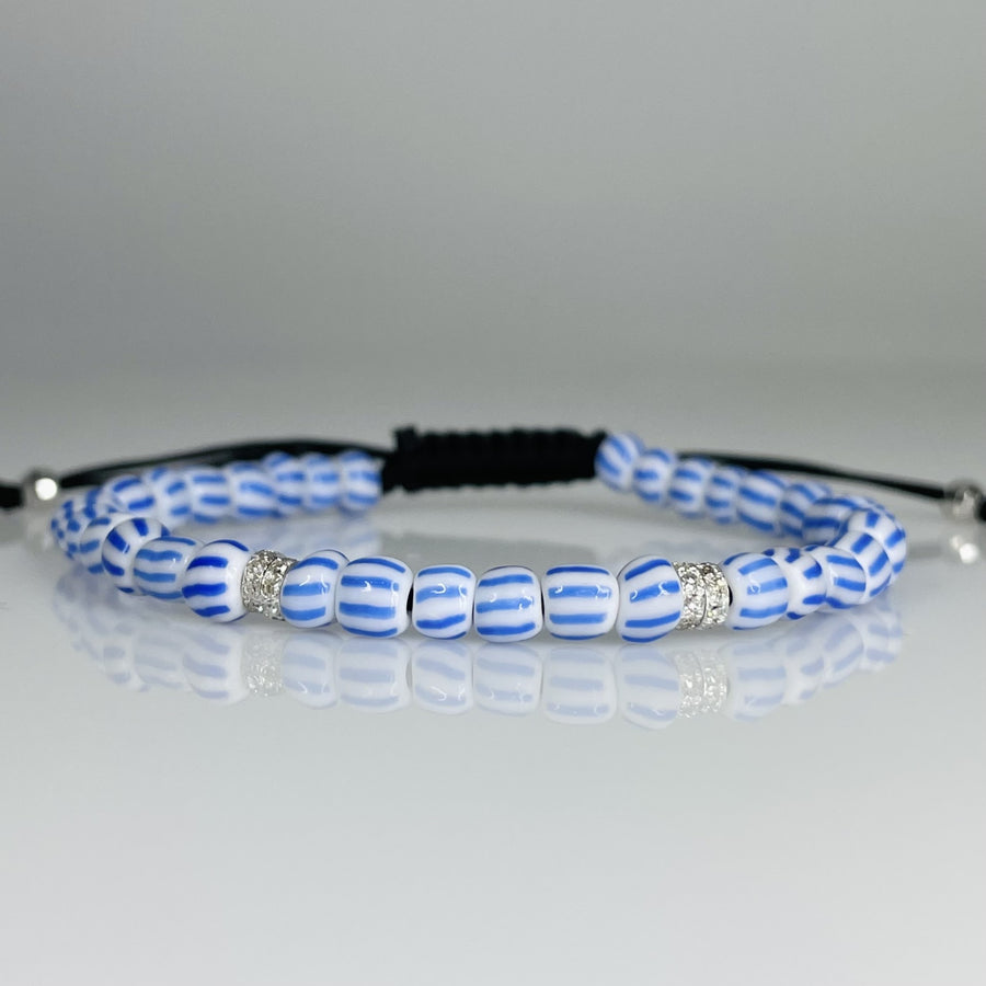 14K White Gold Diamond Blue and White Glass Beaded Bracelet