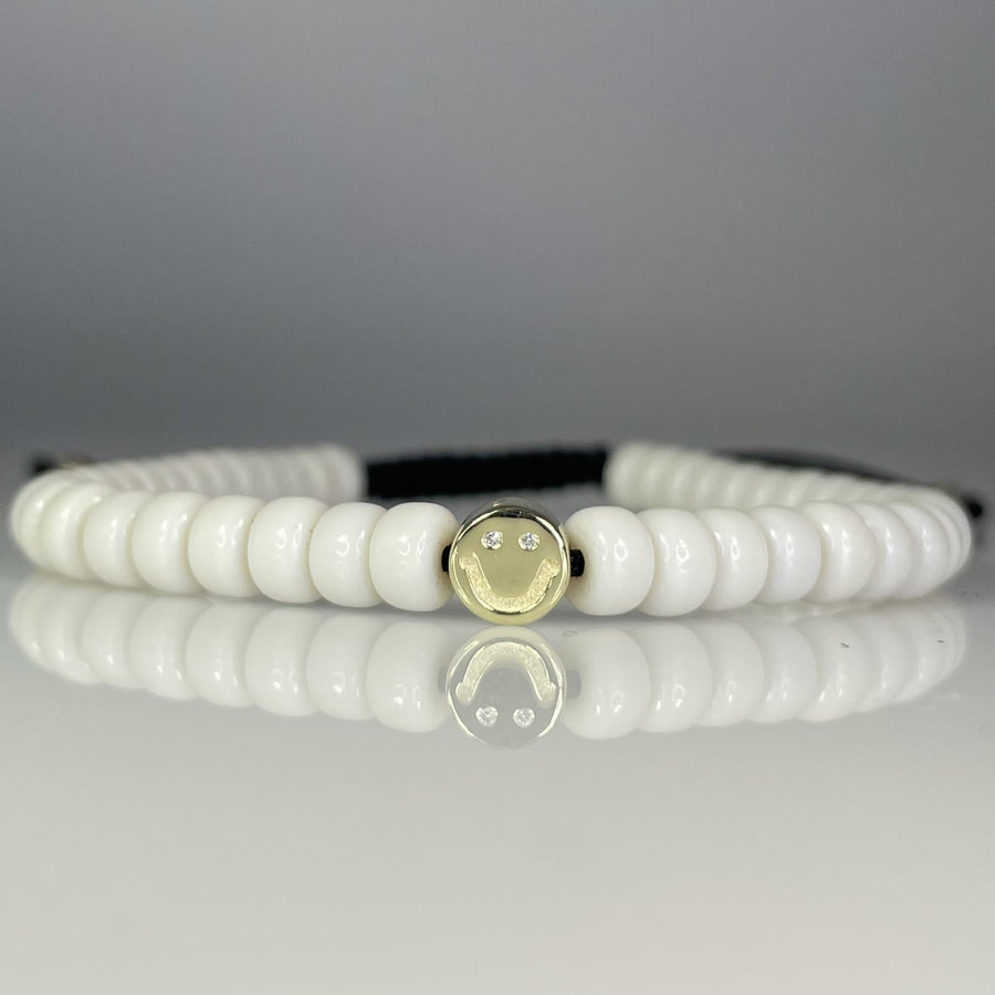 14K Yellow Gold White Happy Face Glass Beaded Bracelet
