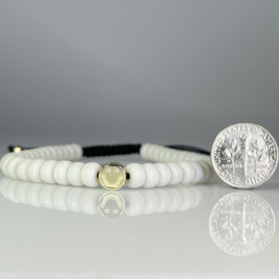 14K Yellow Gold White Happy Face Glass Beaded Bracelet