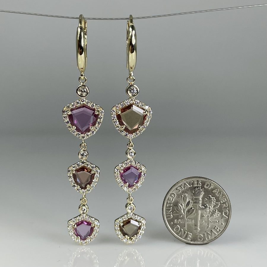 14K Yellow Gold Lotus and Pink Sapphire Shield Drop Earrings 4.32ct/0.9ct