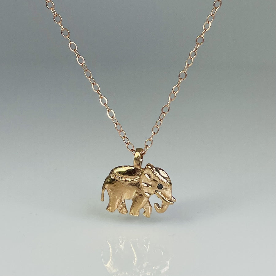 14K Rose Gold Black Diamond Elephant Necklace