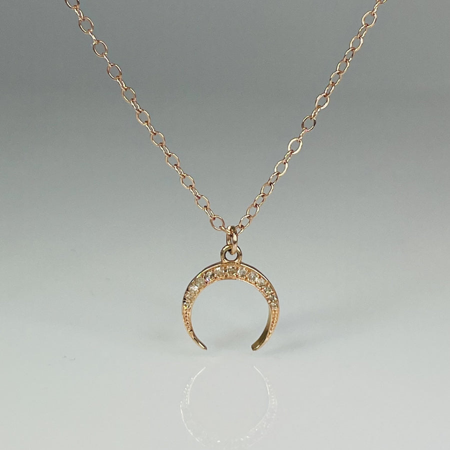 14K Rose Gold Champagne Diamond Crescent Moon Necklace 0.18ct