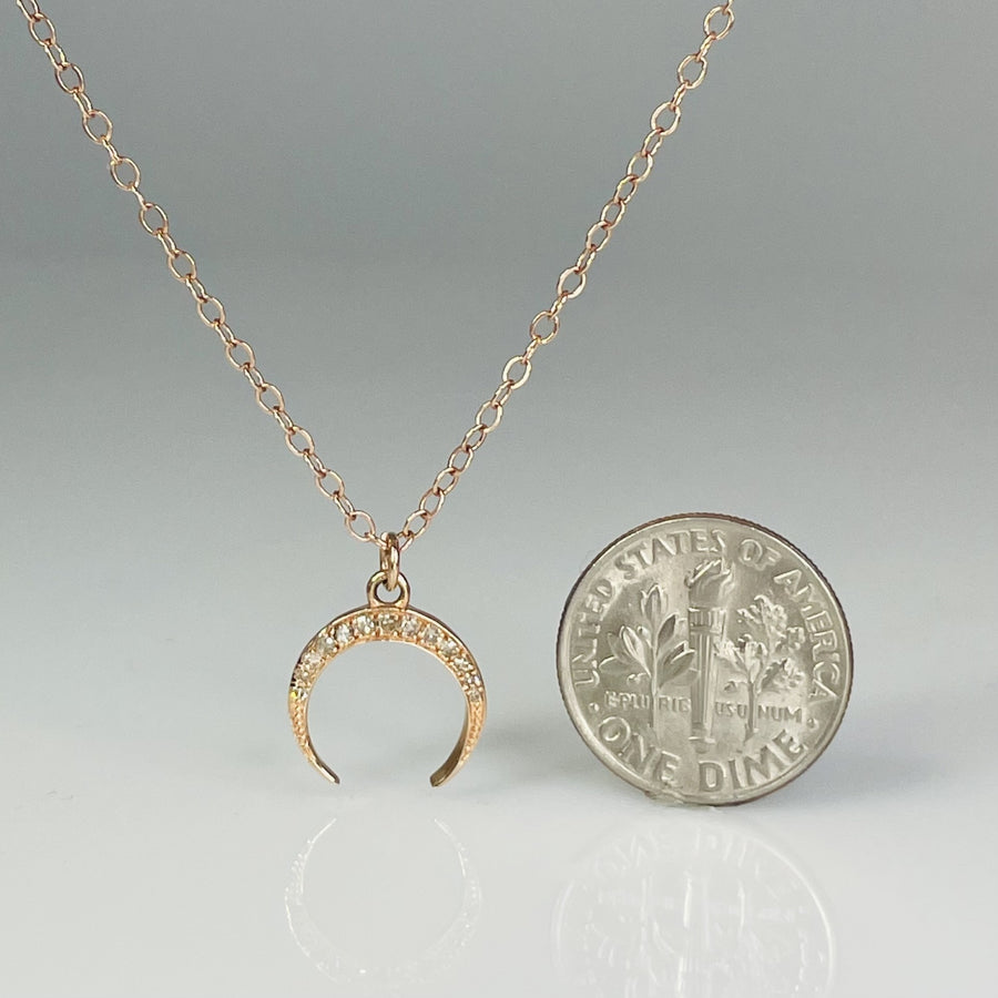 14K Rose Gold Champagne Diamond Crescent Moon Necklace 0.18ct