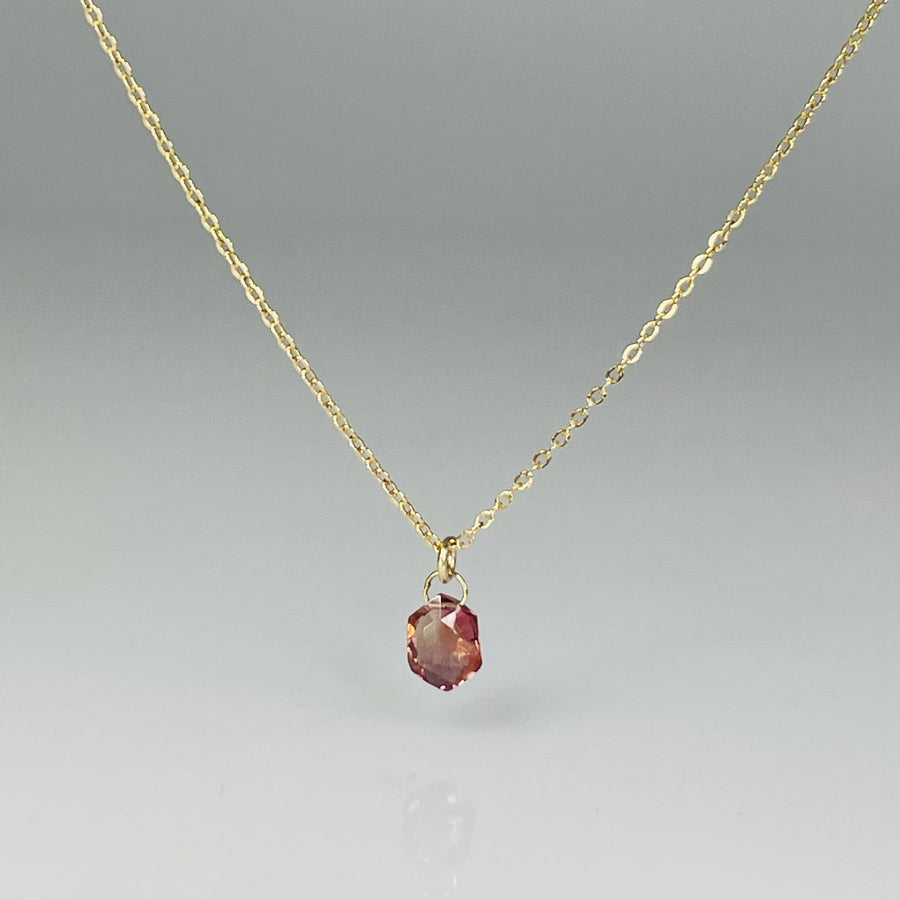 14K Yellow Gold Red/Pink Hexagon Tourmaline Necklace