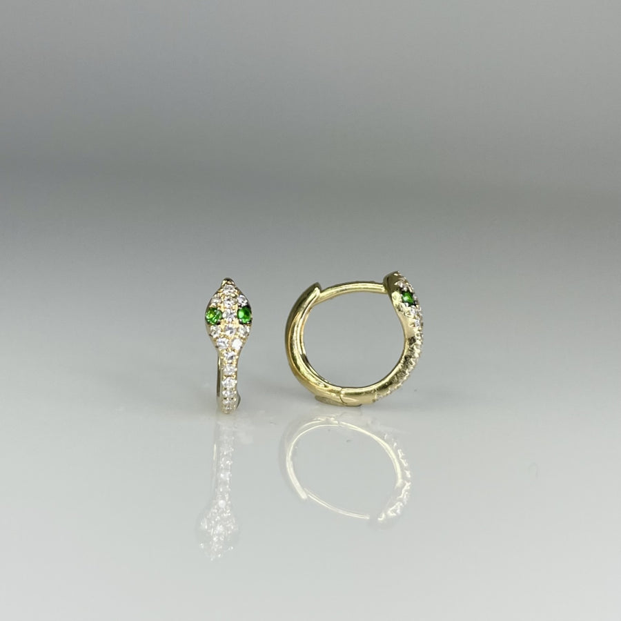 14K Yellow Gold Diamond and Emerald Snake Huggies 0.11/0.04ct