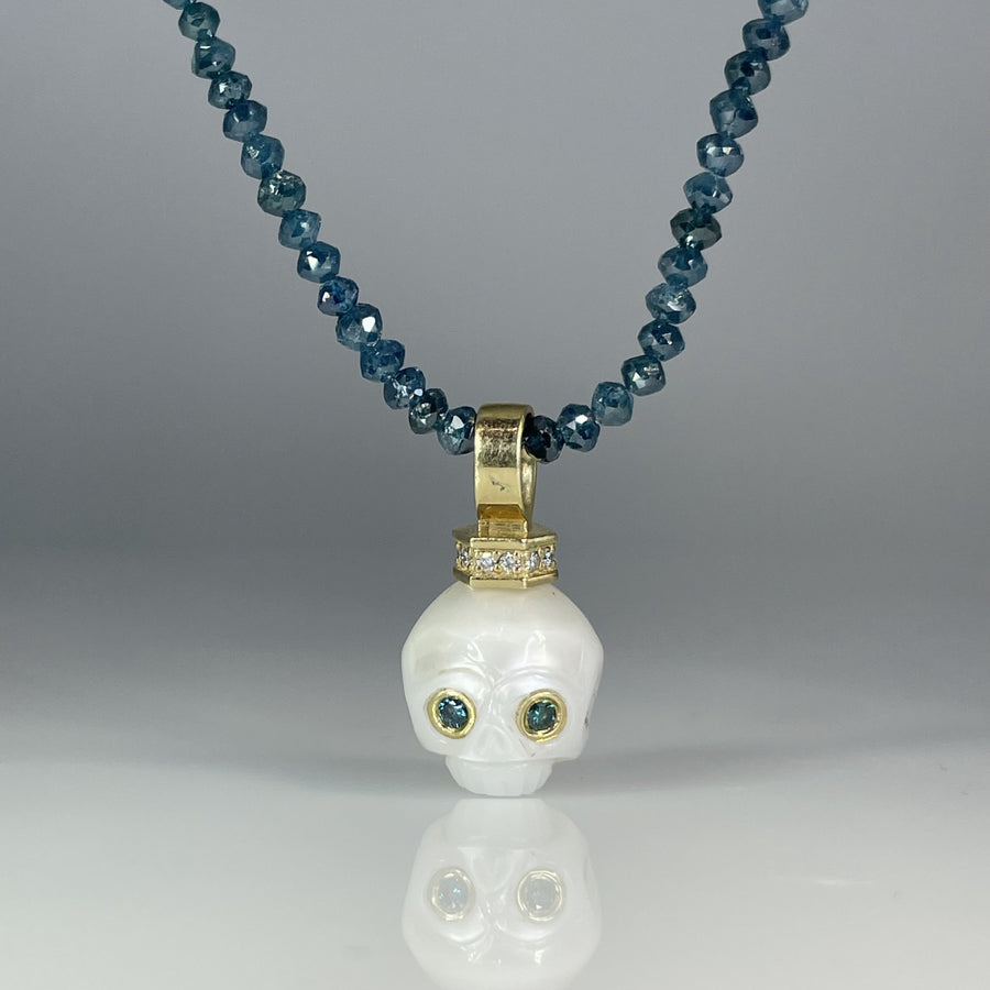14K Yellow Gold Freshwater Pearl Diamond Skull and Blue Diamond Chain Necklace