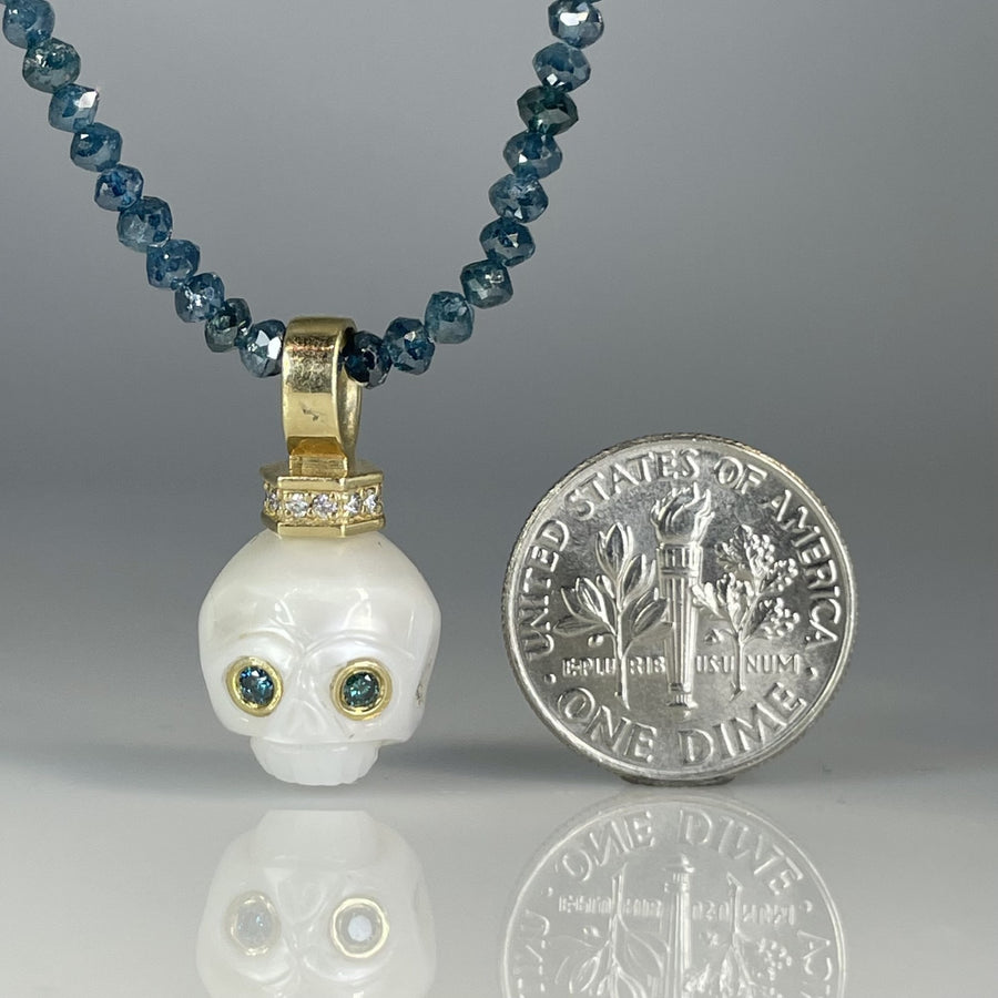14K Yellow Gold Freshwater Pearl Diamond Skull and Blue Diamond Chain Necklace