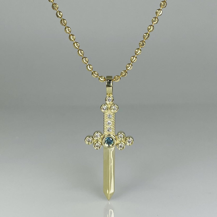 14K Yellow Gold Blue Diamond Dagger Necklace 0.06/0.18ct