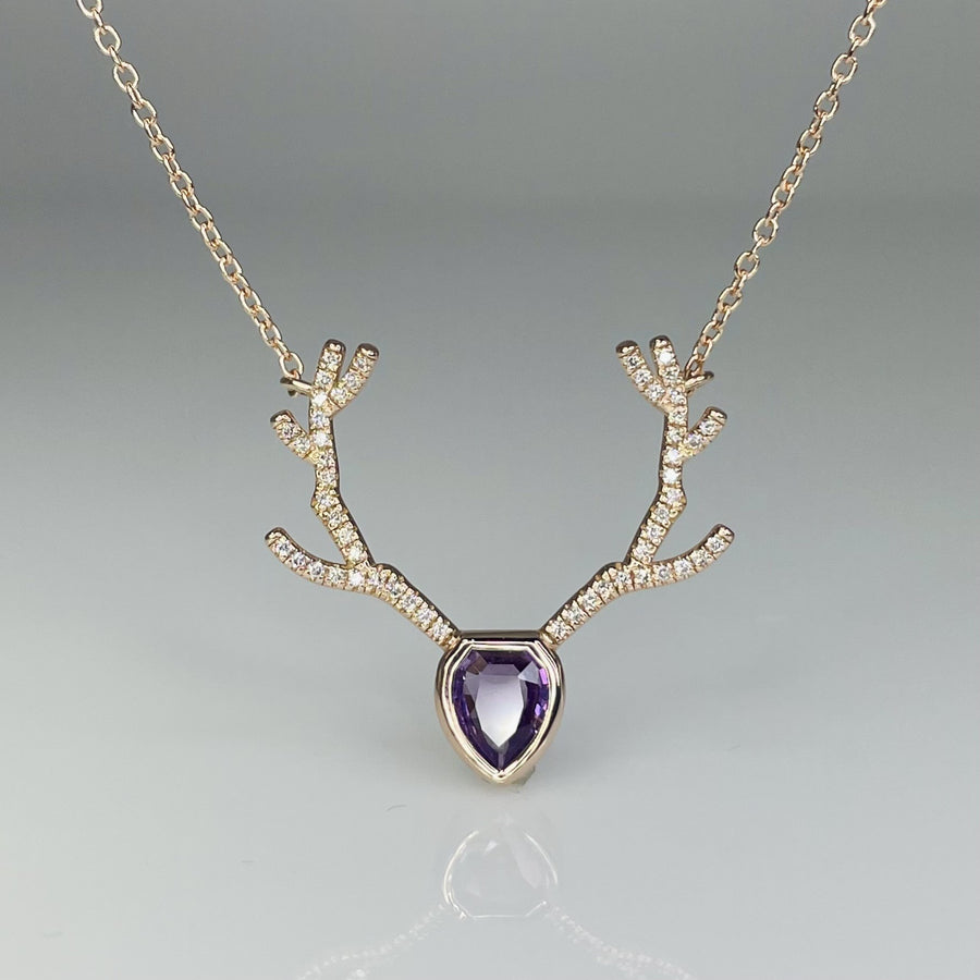 14K Rose Gold Diamond and Sapphire Antler Necklace 0.88ct/0.21ct