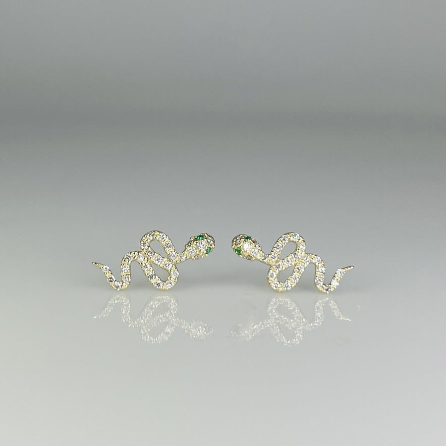 14K Yellow Gold Diamond and Emerald Snake Earrings 0.24/0.02ct