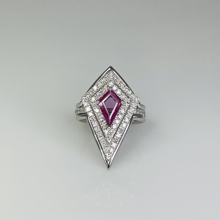 14K White Gold Lozenge Pink Sapphire and Diamond Ring Set 0.88/0.70ct