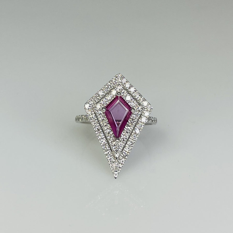 14K White Gold Lozenge Pink Sapphire and Diamond Ring Set 0.88/0.70ct