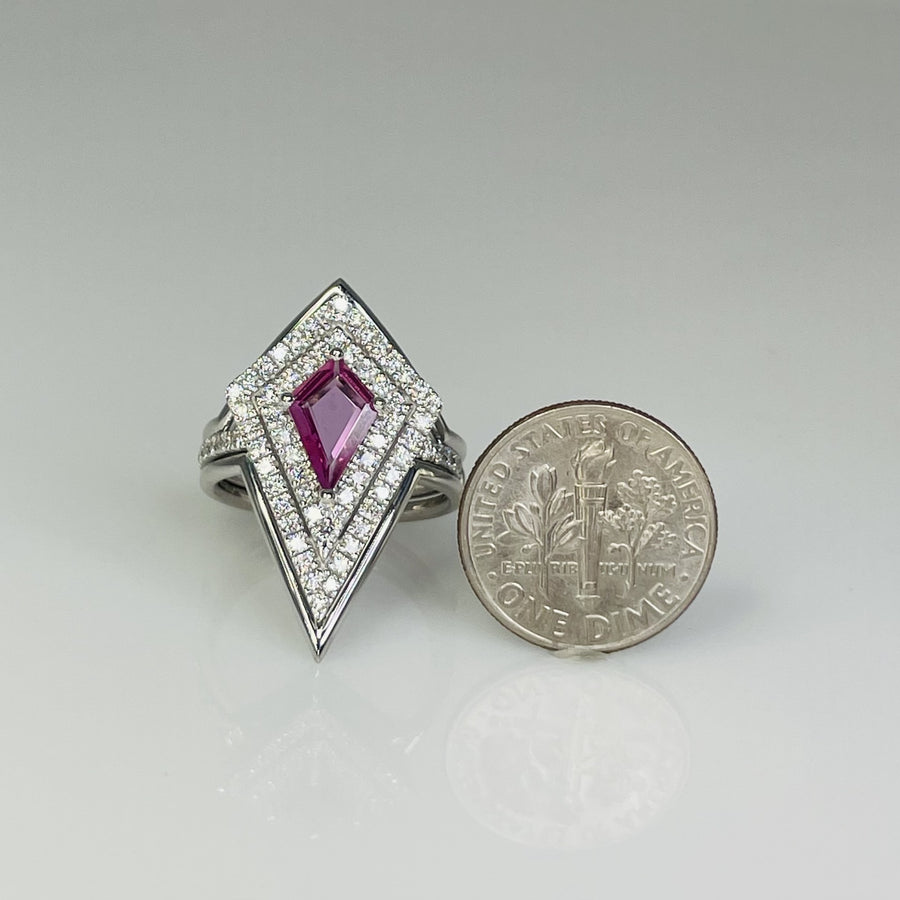 14K White Gold Lozenge Pink Sapphire and Diamond Ring Set 0.88/0.70ct