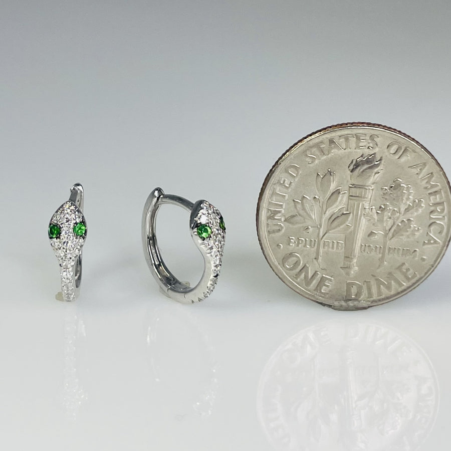 14K White Gold Emerald and Diamond Snake Huggie Earrings 0.04/0.11ct