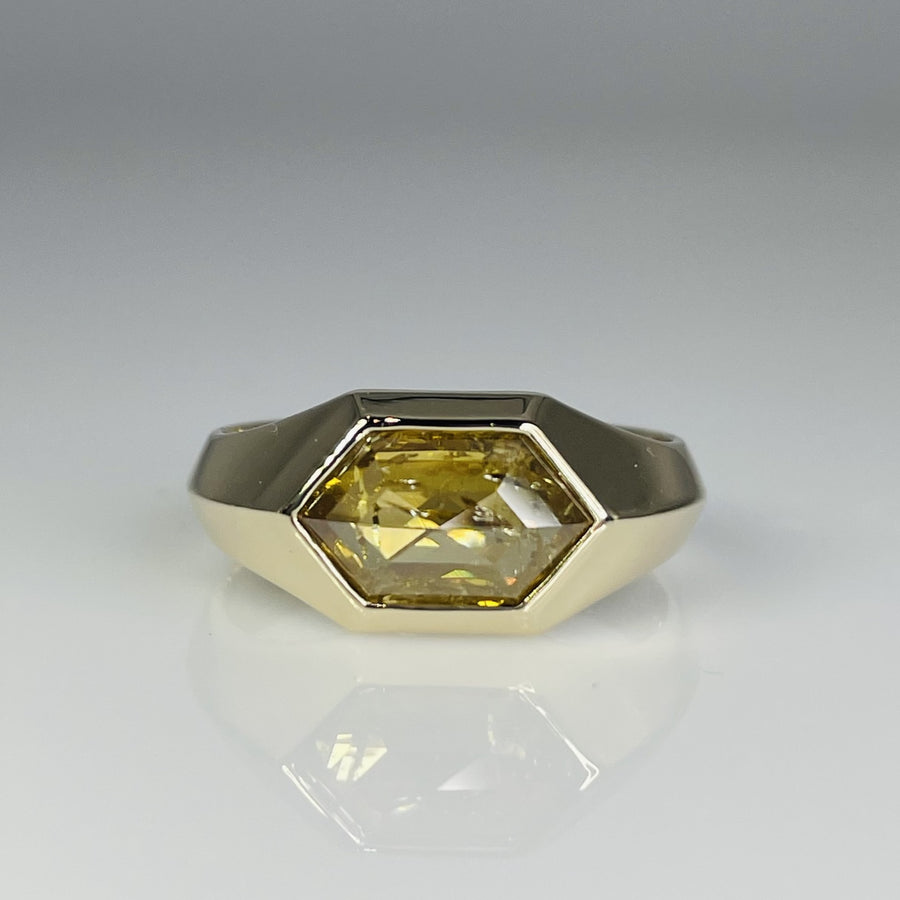 14K Yellow Gold Hexagon Champagne Diamond Ring 2.22ct