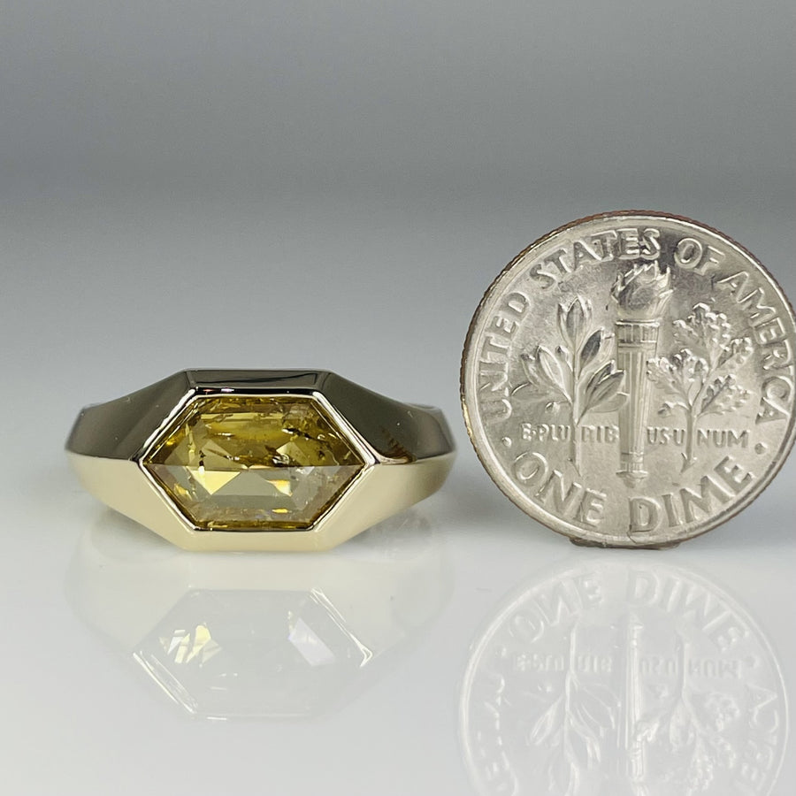 14K Yellow Gold Hexagon Champagne Diamond Ring 2.22ct