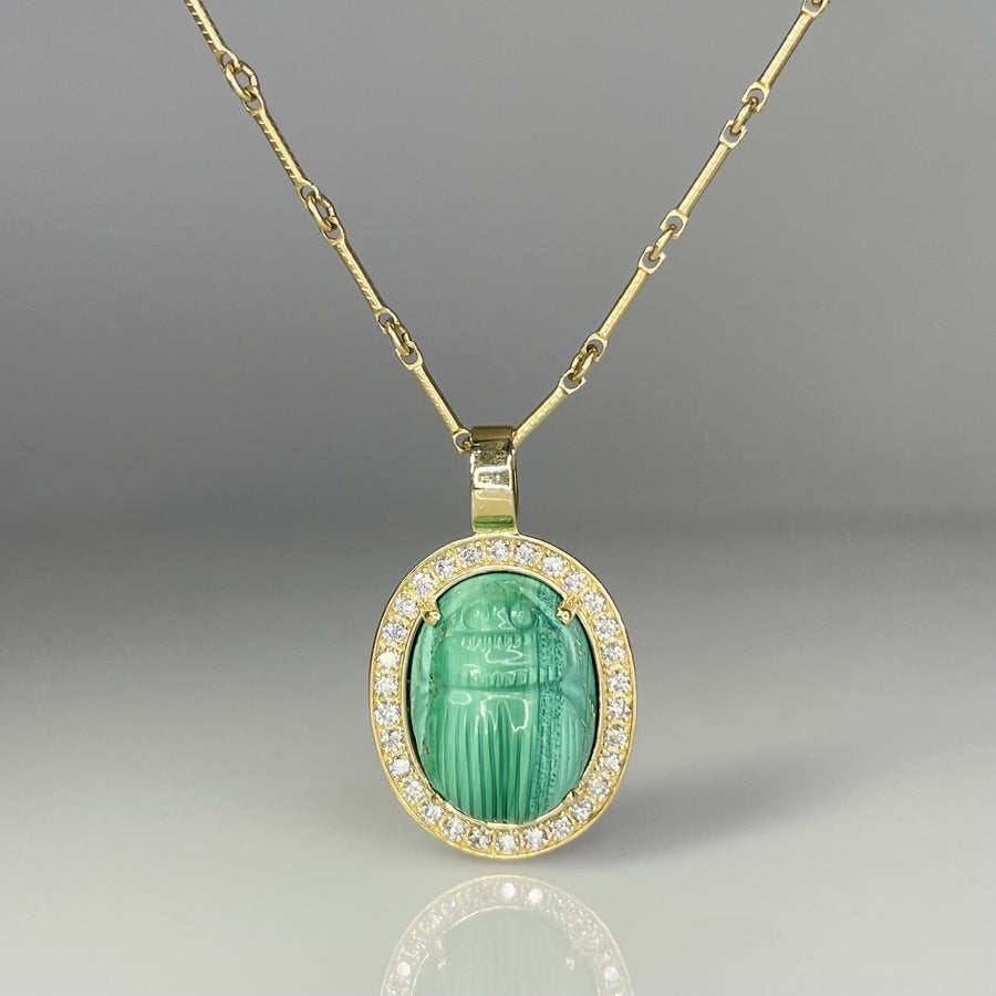 14K Yellow Gold Malachite and Diamond Scarab Necklace 0.45ct