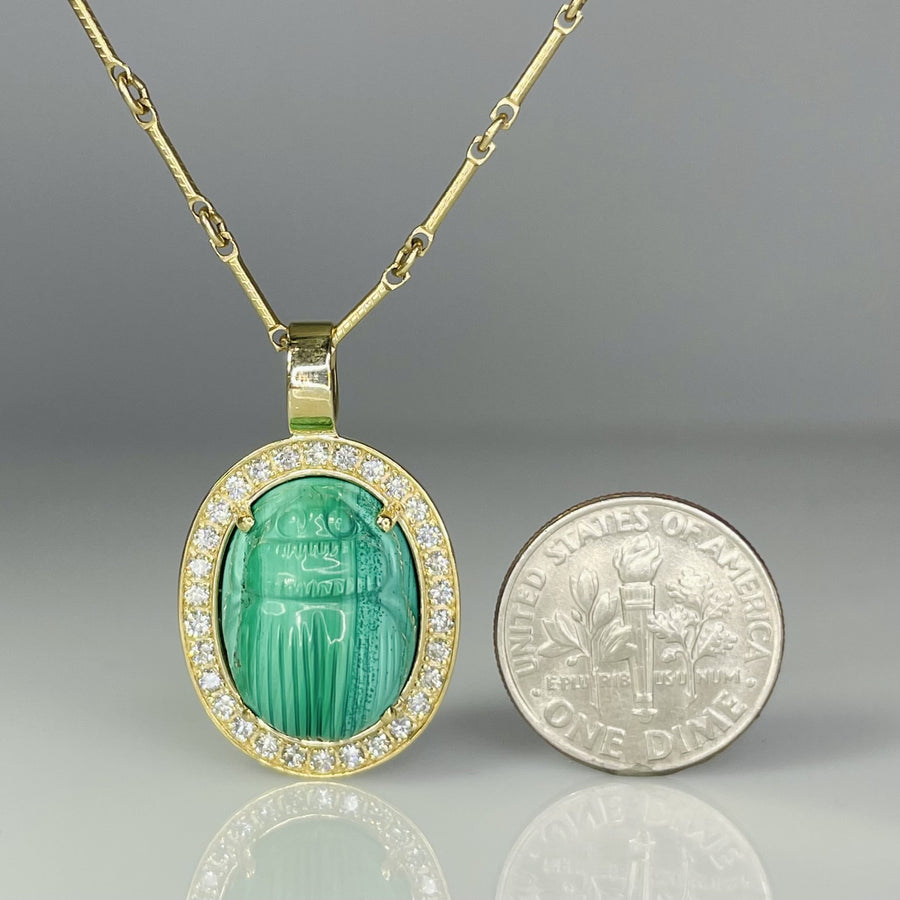 14K Yellow Gold Malachite and Diamond Scarab Necklace 0.45ct