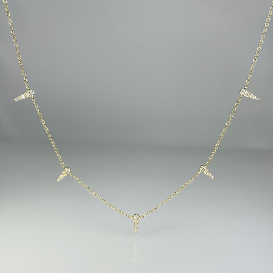 14K Yellow Gold Five Pave Diamond Spike Necklace 0.13ct