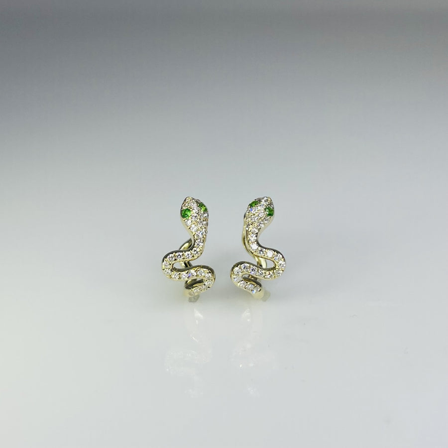 14K Yellow Gold Tsavorite and Pave Diamond Snake Earrings 0.03/0.15ct