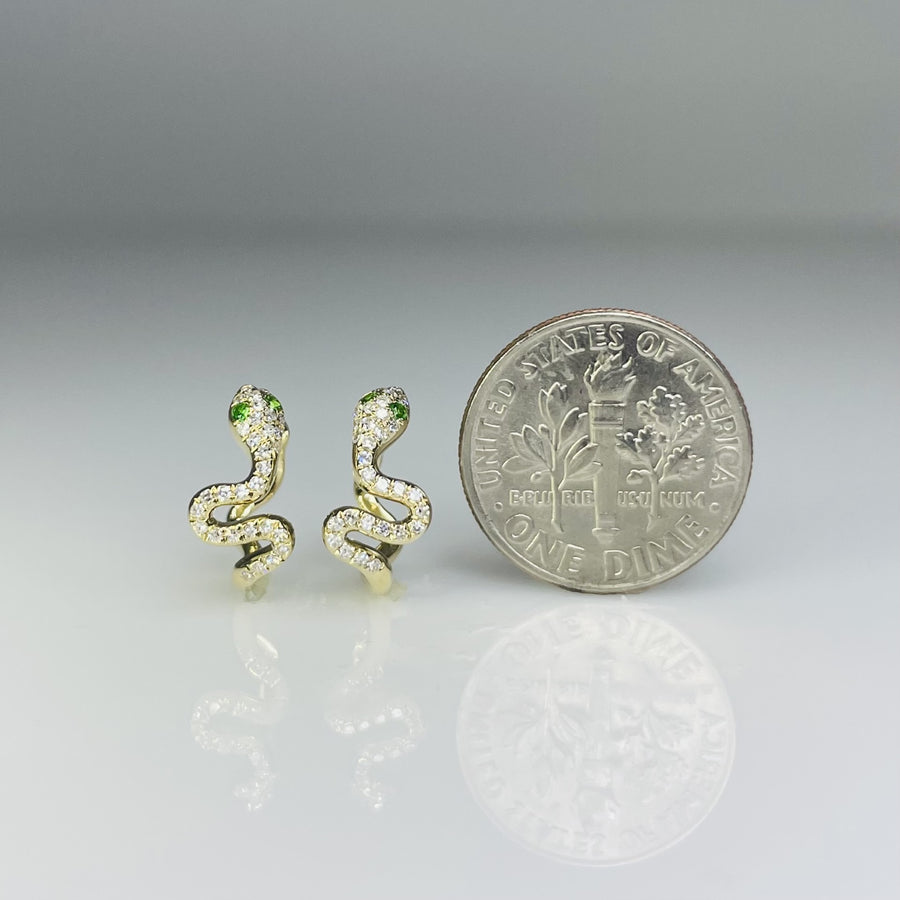 14K Yellow Gold Tsavorite and Pave Diamond Snake Earrings 0.03/0.15ct