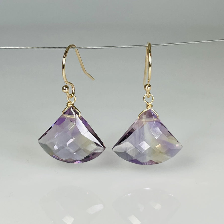 14K Yellow Gold Fan Shape Ametrine Drop Earrings 13x15mm