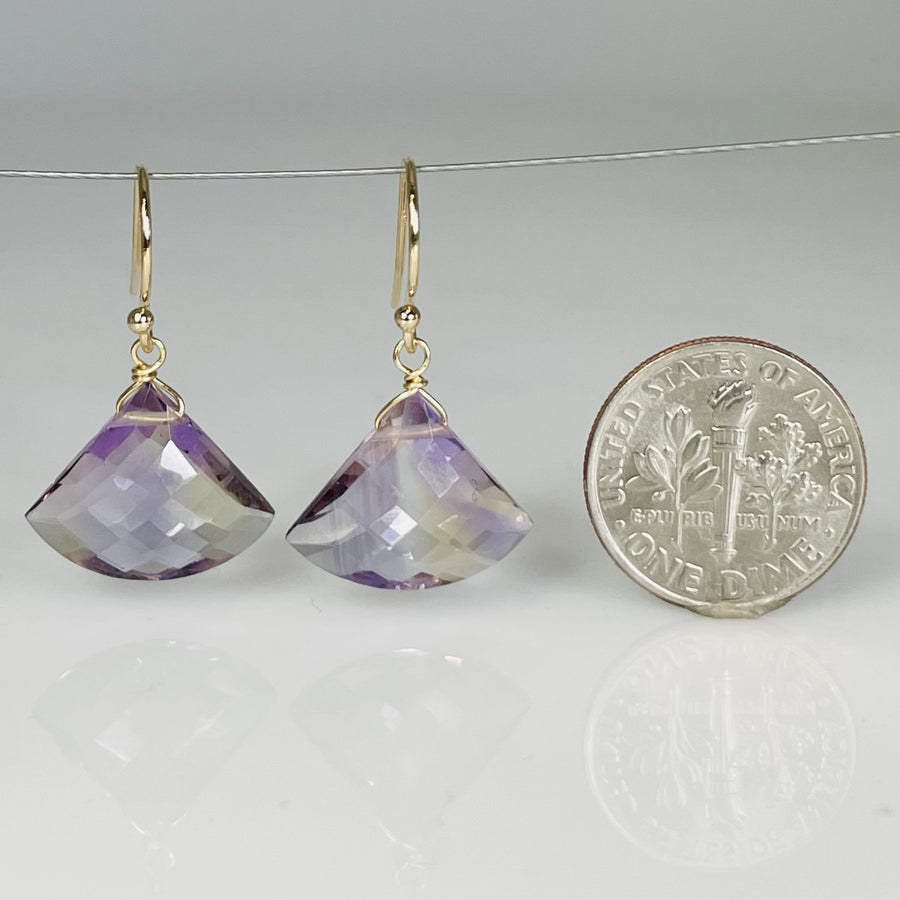 14K Yellow Gold Fan Shape Ametrine Drop Earrings 13x15mm