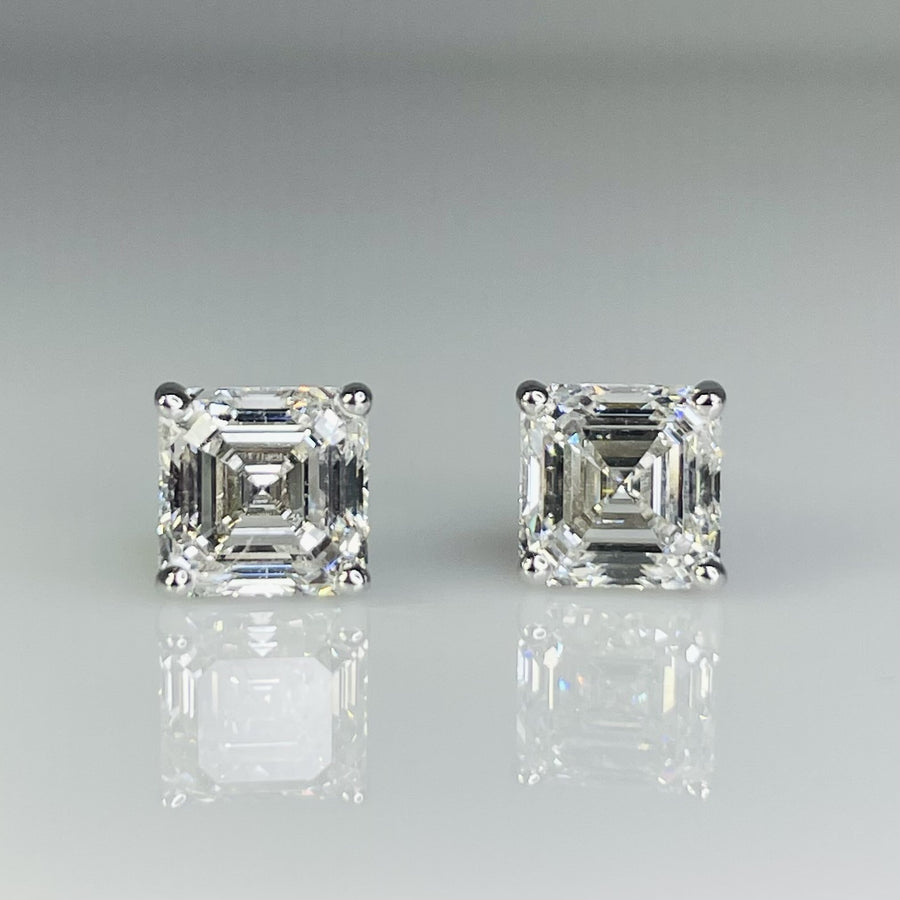 14K White Gold Lab Grown Asscher Cut Diamond Studs 2.03/2.02ct