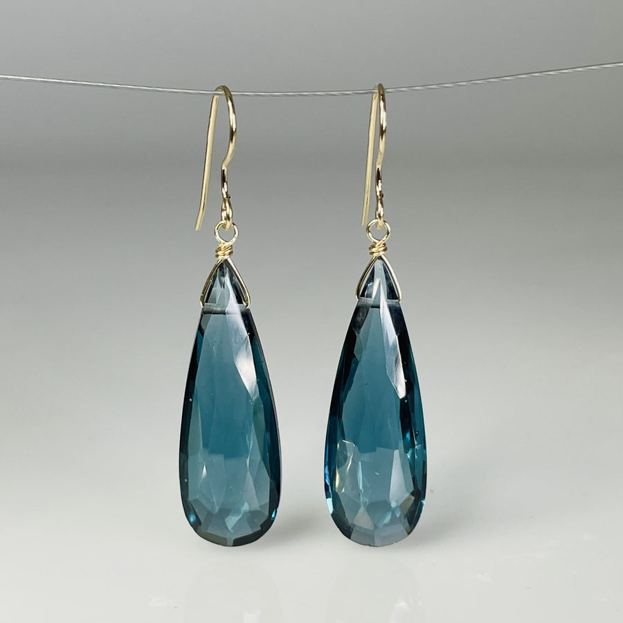 Elongated Teardrop London Blue Hydro Quartz Earrings 10x29mm