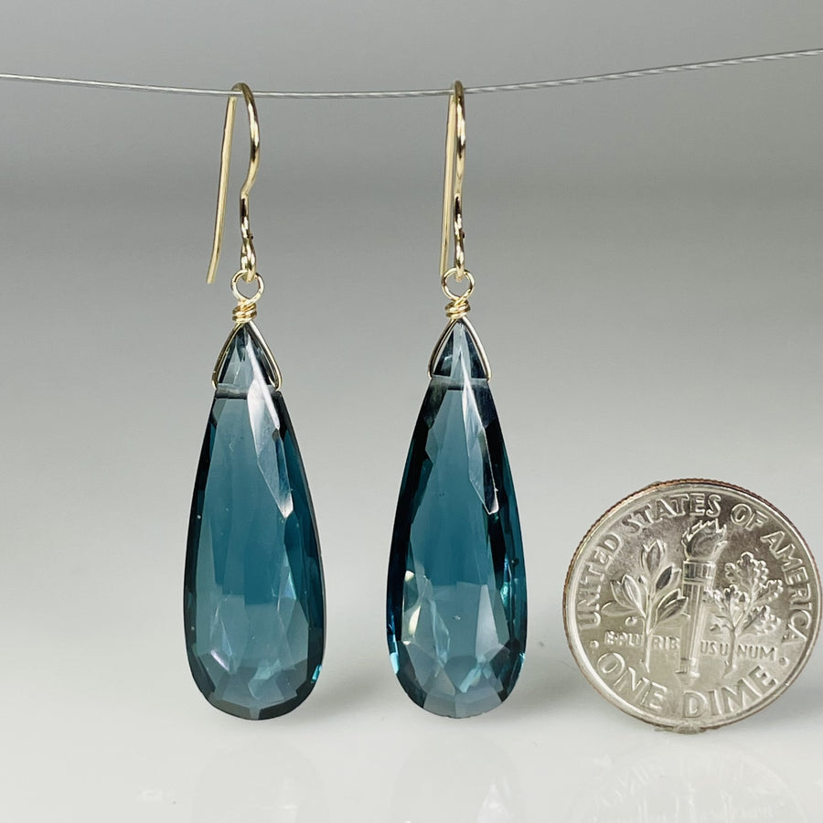 Elongated Teardrop London Blue Hydro Quartz Earrings 10x29mm