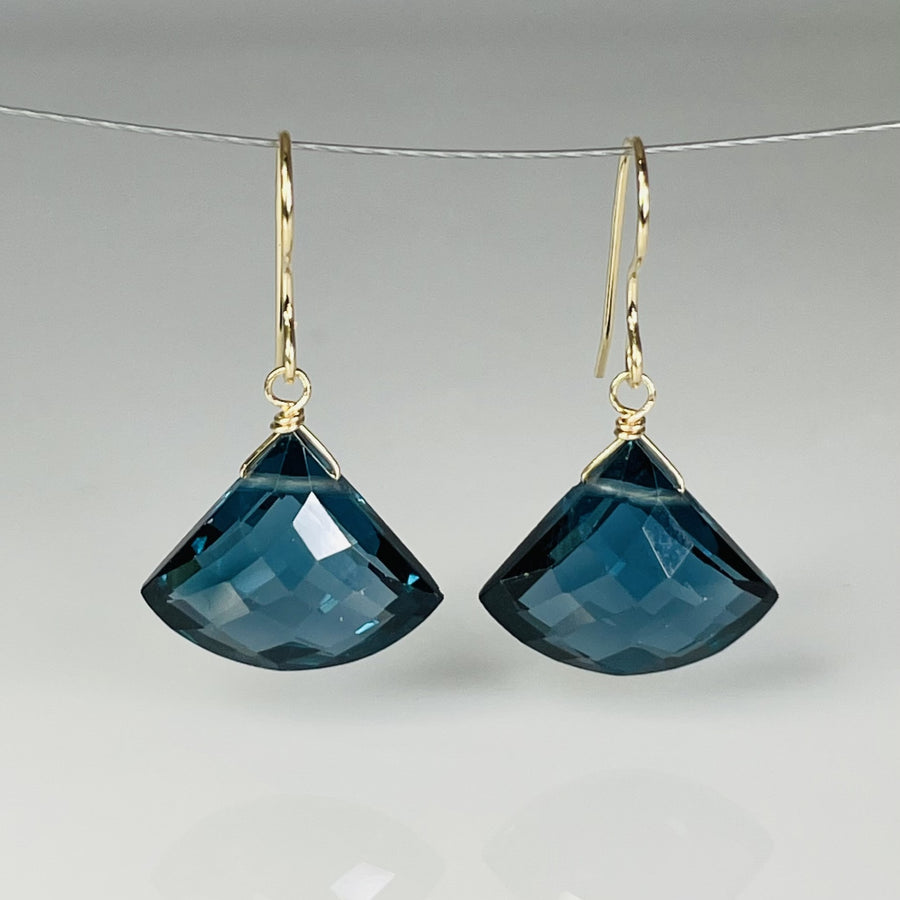 Mini Fan Shaped London Blue Hydro Quartz Earrings 13x16mm