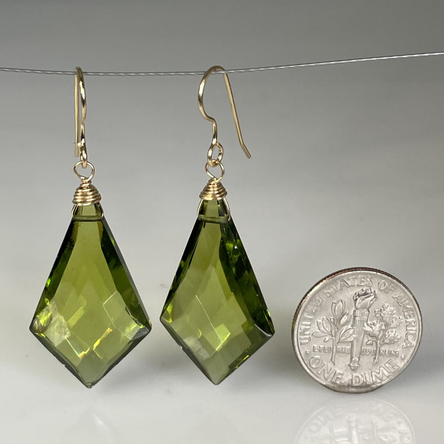 Kite Shaped Peridot Hydro Quartz Earrings 17x30mm