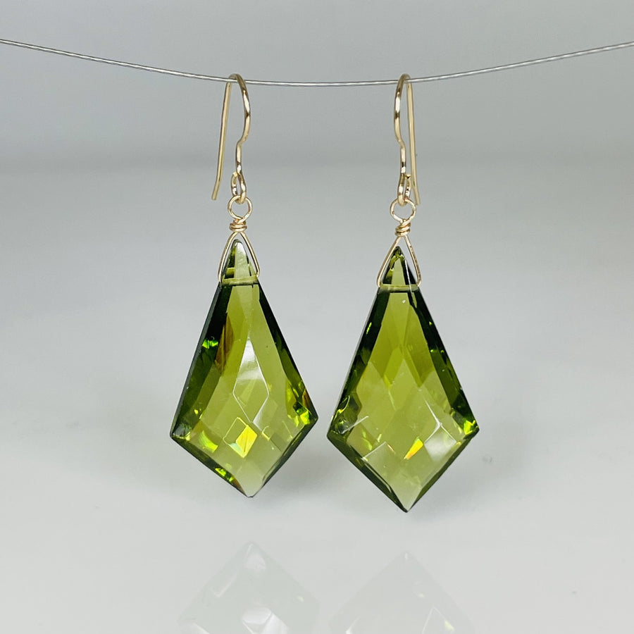 Kite Shaped Peridot Hydro Quartz Earrings 15x30mm