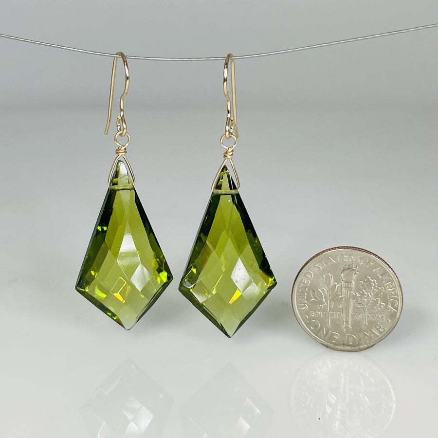 Kite Shaped Peridot Hydro Quartz Earrings 15x30mm