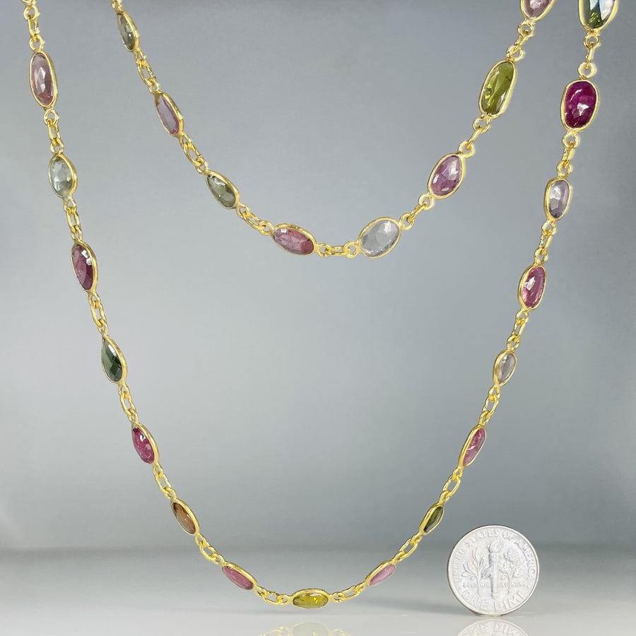 18K Gold Plated Multi Color Tourmaline Bezel Necklace 36"
