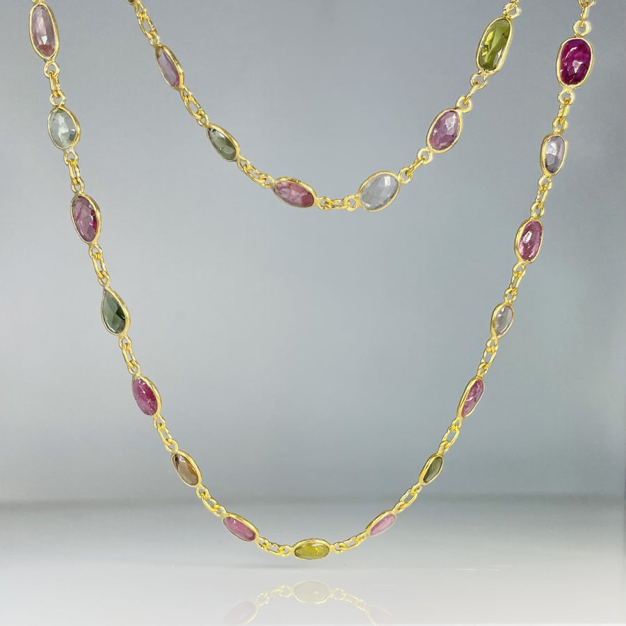 18K Gold Plated Multi Color Tourmaline Bezel Necklace 36"