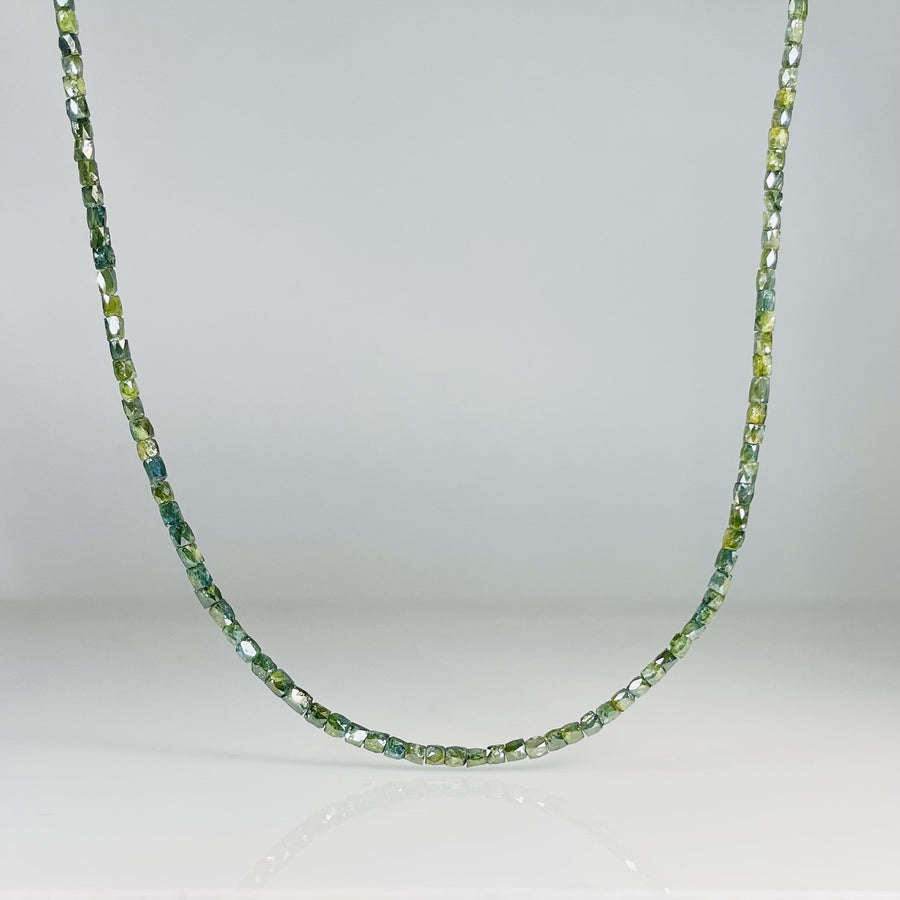 14K Yellow Gold Green Diamond Square Beaded Necklace 16ct