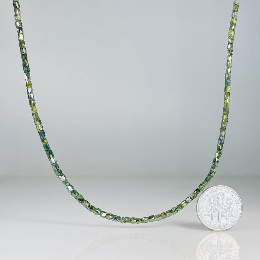 14K Yellow Gold Green Diamond Square Beaded Necklace 16ct