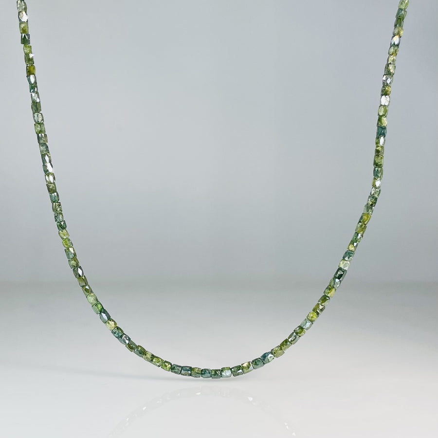 14K Yellow Gold Green Diamond Square Beaded Necklace 19ct